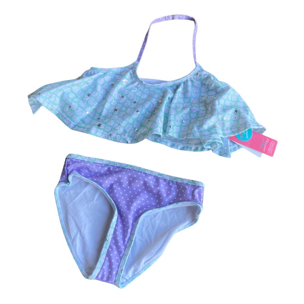 Jantzen Girls Swimsuit Size 6X Polka Dot Mermaid Lavender Mint Silver Bikini NEW